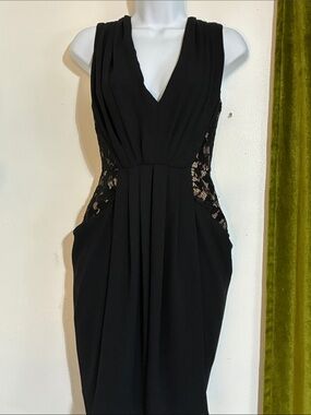 Black Sleeveless V-Neck Midi Dress with Lace Side Panels
